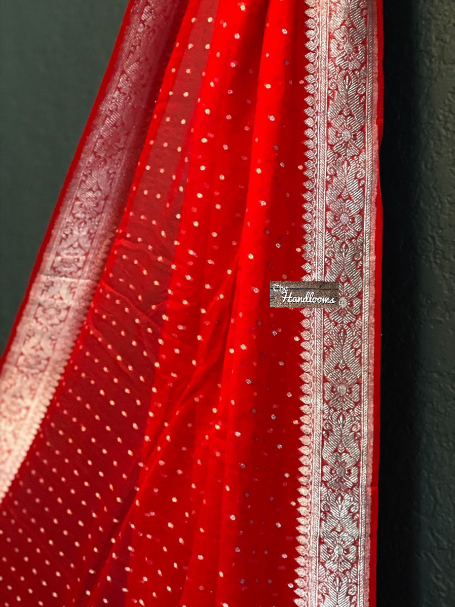 Pure Georgette Dupatta - Red silver zari