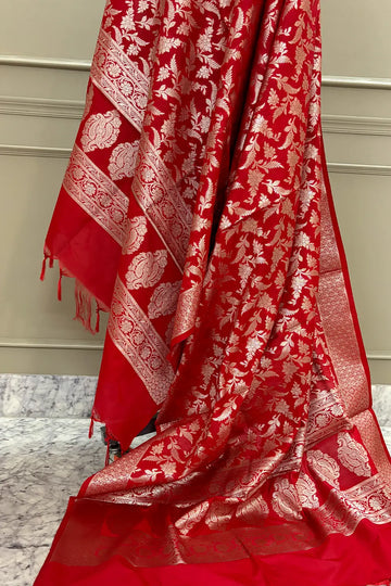 Pure Khaddi Georgette Dupatta - Red silver zari