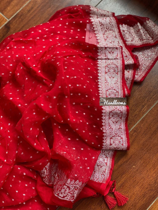 Pure Georgette Dupatta - Red silver zari