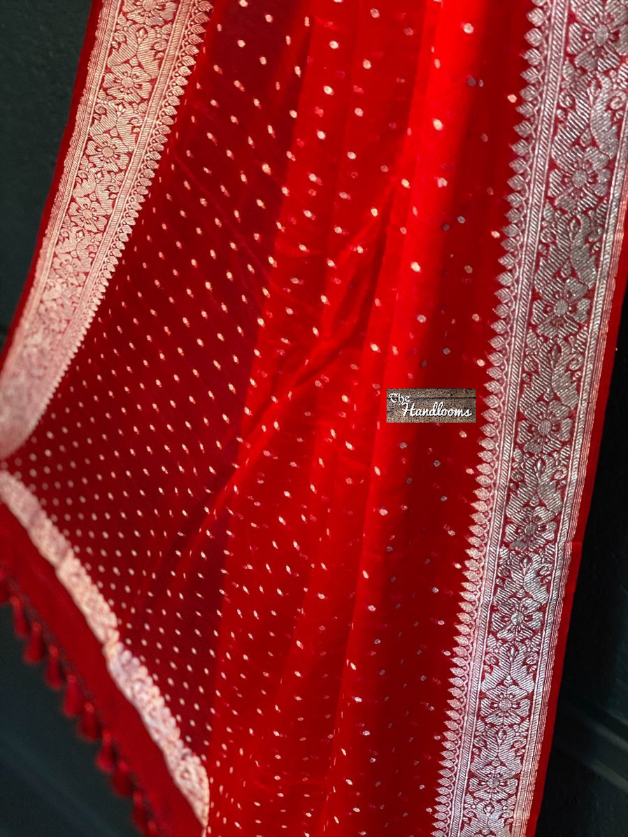 Pure Georgette Dupatta - Red silver zari